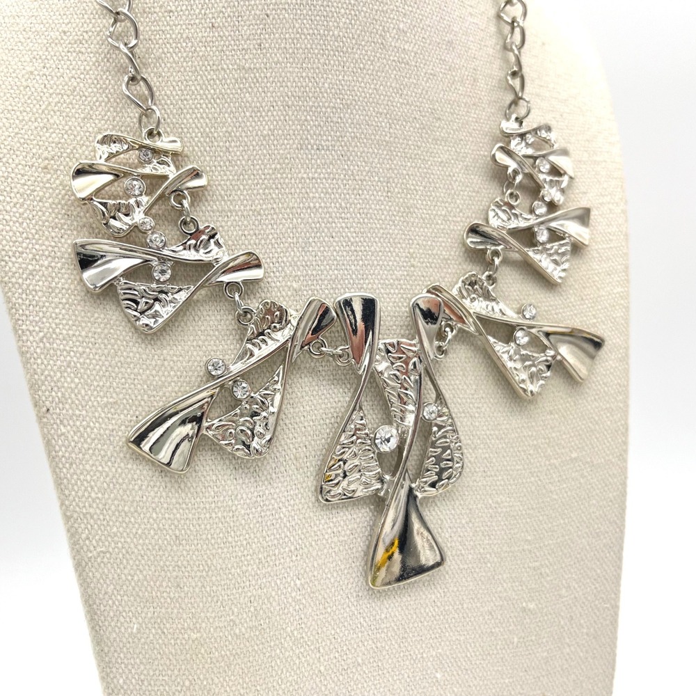 Silver Tone Abstract Geometric Rhinestone Statement Bib Necklace Adjustable
